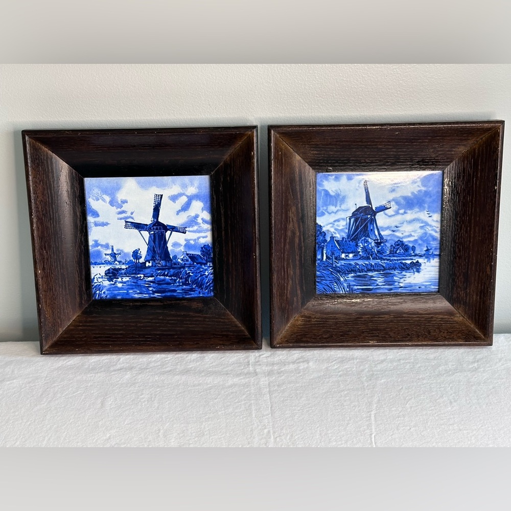 Blue Delft Windmill Tile Wall Art - Pair